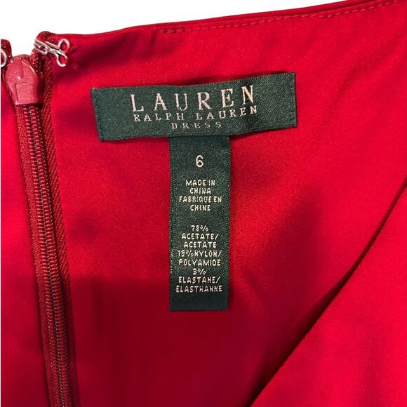 LAUREN RALPH LAUREN RUBY RED Satin Surplice Cocktail Party Sheath Dress Size 6 - Picture 4 of 11